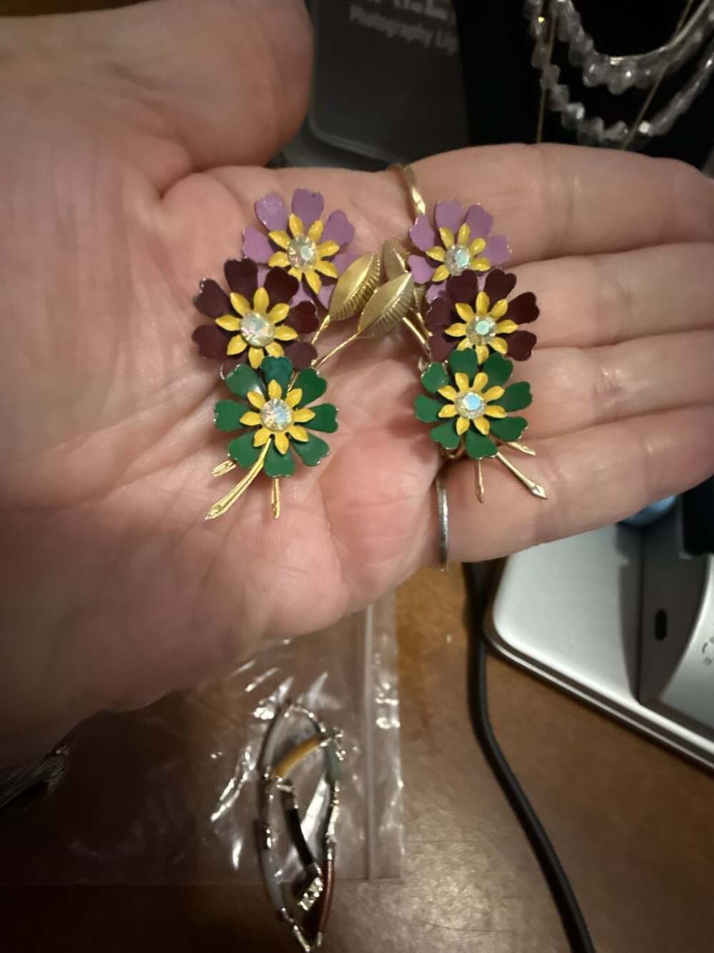 Coro Vintage Enamel Multi-Color Flower Clip-On Earrings with Rhinestone Centers